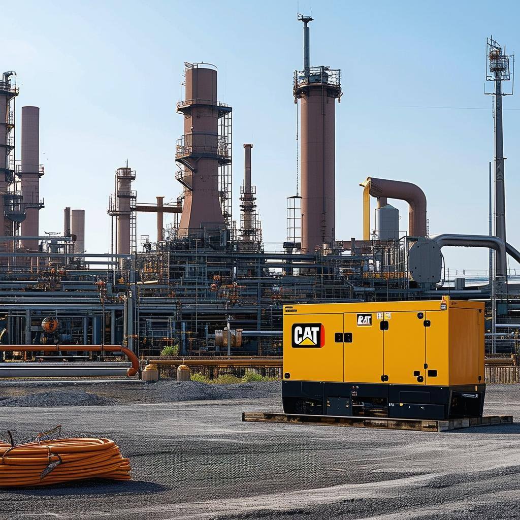 An industrial power plant with heavy machinery operating in the background while a large Cat generator provides temporary power